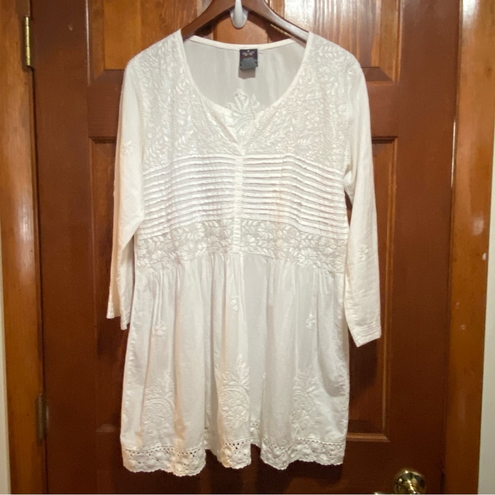 Durga Embroidered Lace Trim Tunic Top 100% Cotton White Size 44/10